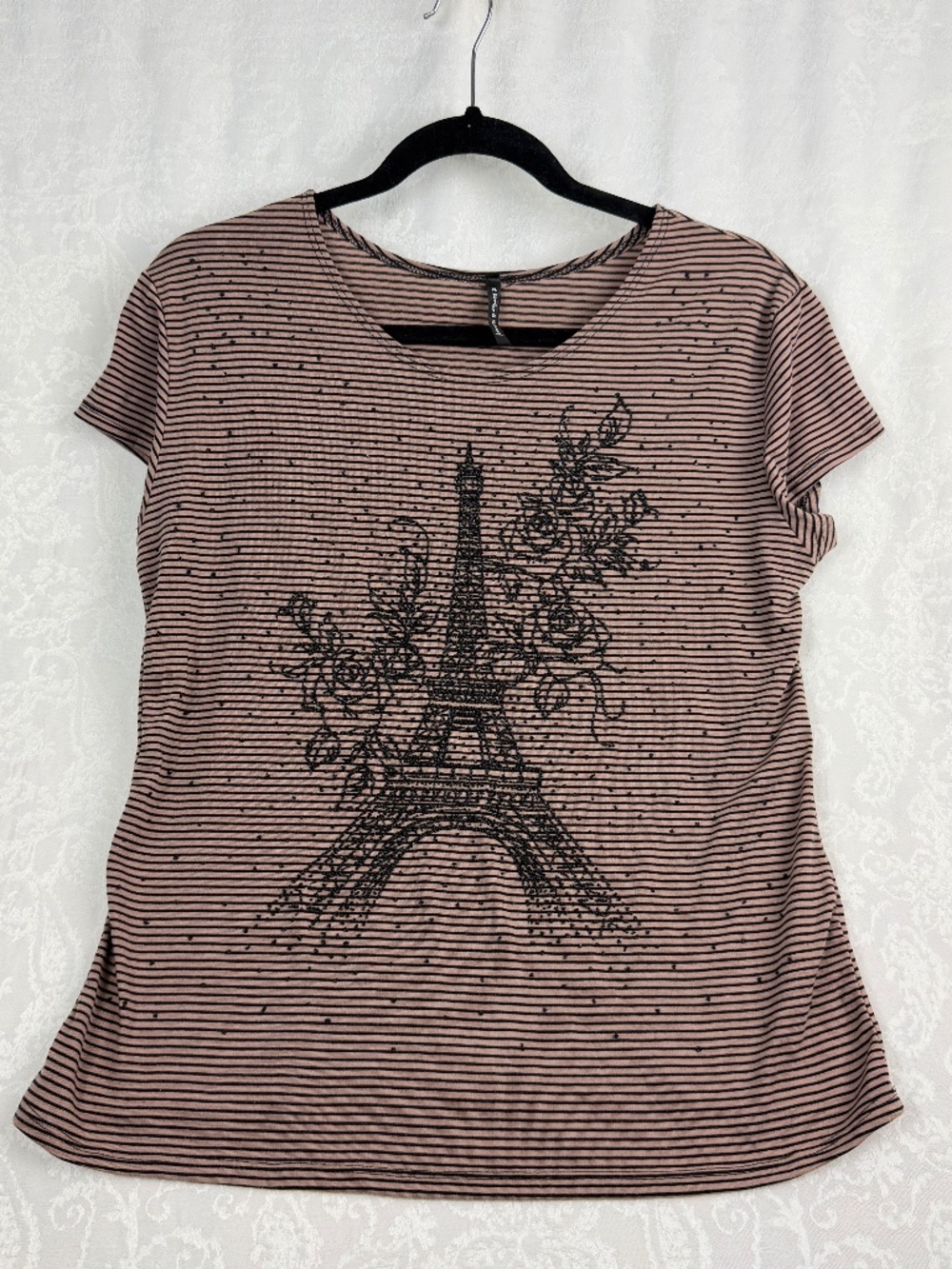 Bleeker & McDougall Women's Petite L Pink Black Striped Eiffel Tower Beaded Top